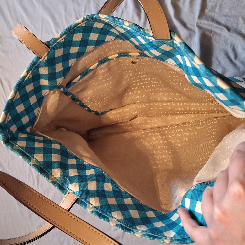 Large Kate Spade Blue Floral and Gingham Tote Bag - Picture 3 of 8